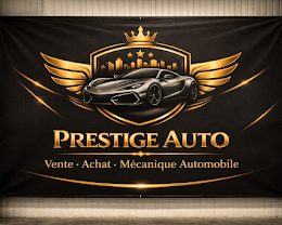 Enseigne Prestige Auto à l'atelier